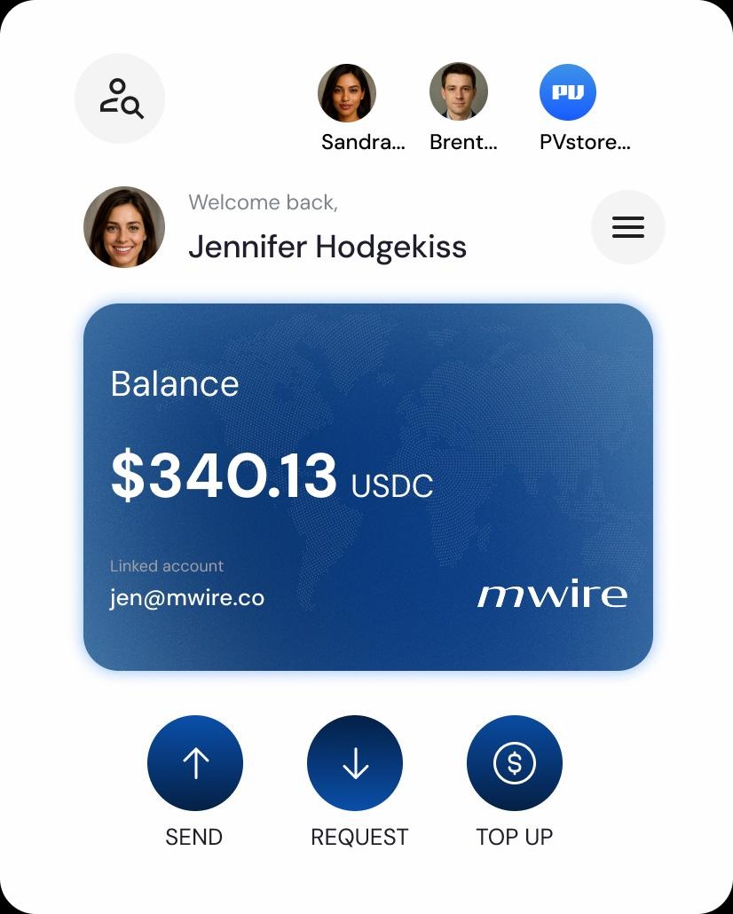 mwire app dashboard view showing balance and transactions