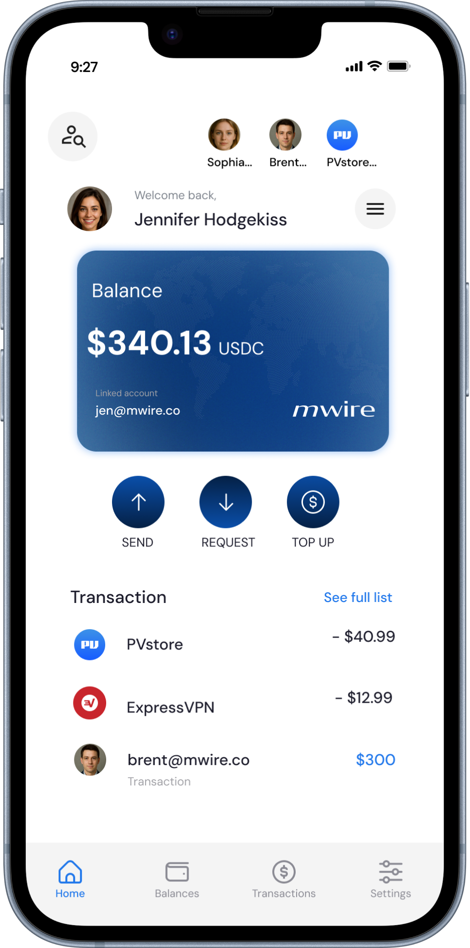 Home screen showing USDC balance and recent transactions
